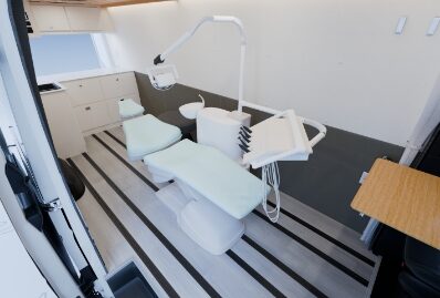 Dental chair and treatment equipment inside a Vanna mobile dental van