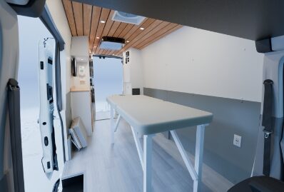 Treatment table inside a Vanna mobile wellness van